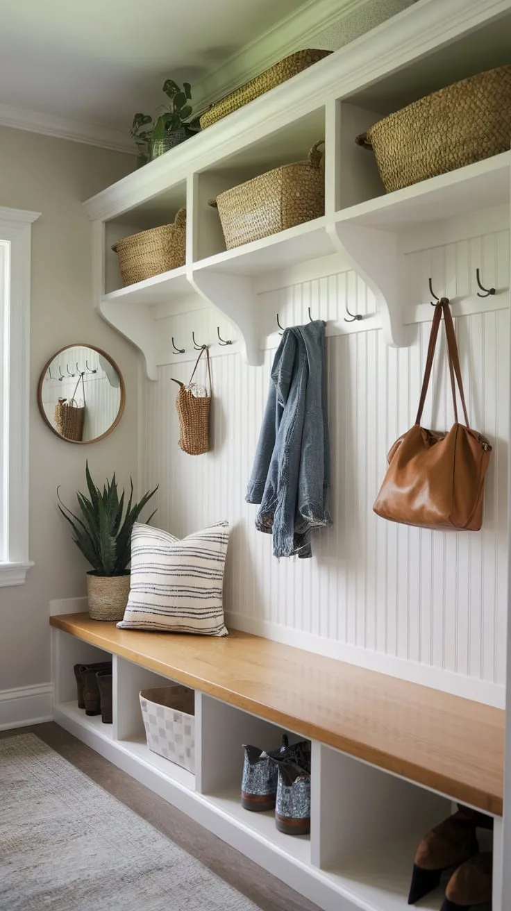 Organize and welcome guests with a cozy mudroom featuring a built-in bench and shelves, complete with charming details.