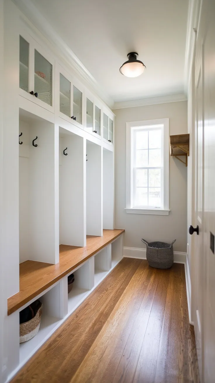 A bright grey mudroom boasts efficient built-in white cabinets, a wooden bench, and ample storage for a clean and organized entryway