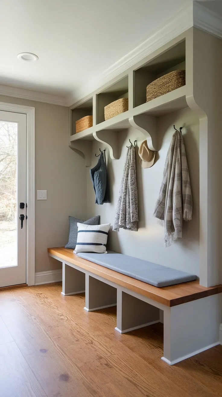 Maximize your mudroom entry with these brilliant built-ins! This small mudroom boasts a custom-made mudroom bench, perfect for kicking off shoes and adding a touch of mudroom decor.  The DIY mudroom bench and shelves are a testament to the power of smart design in a small mudroom.  A true inspiration for small mudroom ideas.