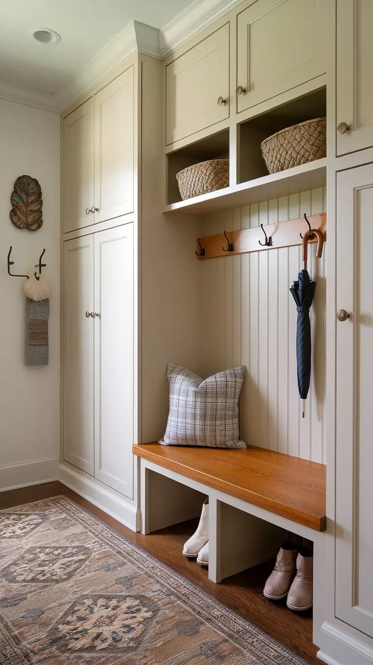 This small mudroom, complete with built-ins and a cozy bench, proves that even the tiniest entryway can be organized and inviting.  Clever storage solutions and a DIY mudroom bench maximize space, while thoughtful mudroom decor adds warmth. Perfect small mudroom ideas for a functional and stylish mudroom entryway.