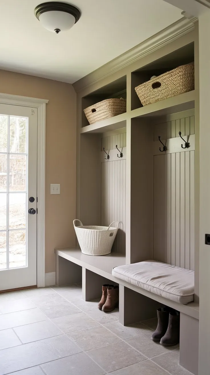 Maximize space and style in your small mudroom with these built-ins and a comfy bench.  This DIY mudroom bench project is perfect for small mudroom ideas, creating a functional and inviting mudroom entryway.  The mudroom decor is simple yet effective, showcasing how a little ingenuity can transform a small mudroom into a well-organized mudroom entry.