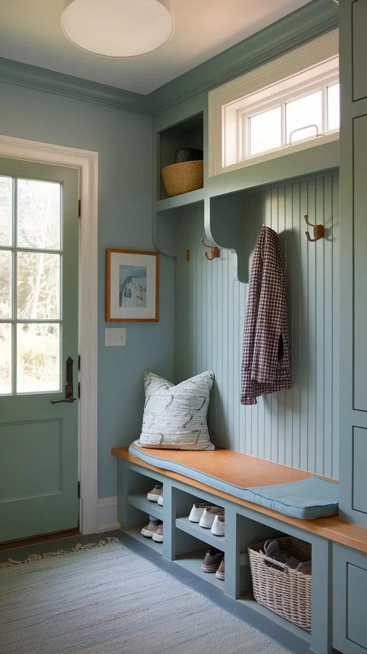 Maximize your small mudroom with these smart built-ins and a comfy mudroom bench. This DIY mudroom project proves that even a small mudroom entryway can be organized and stylish.  The mudroom decor is simple yet effective, creating a functional and inviting small mudroom.
