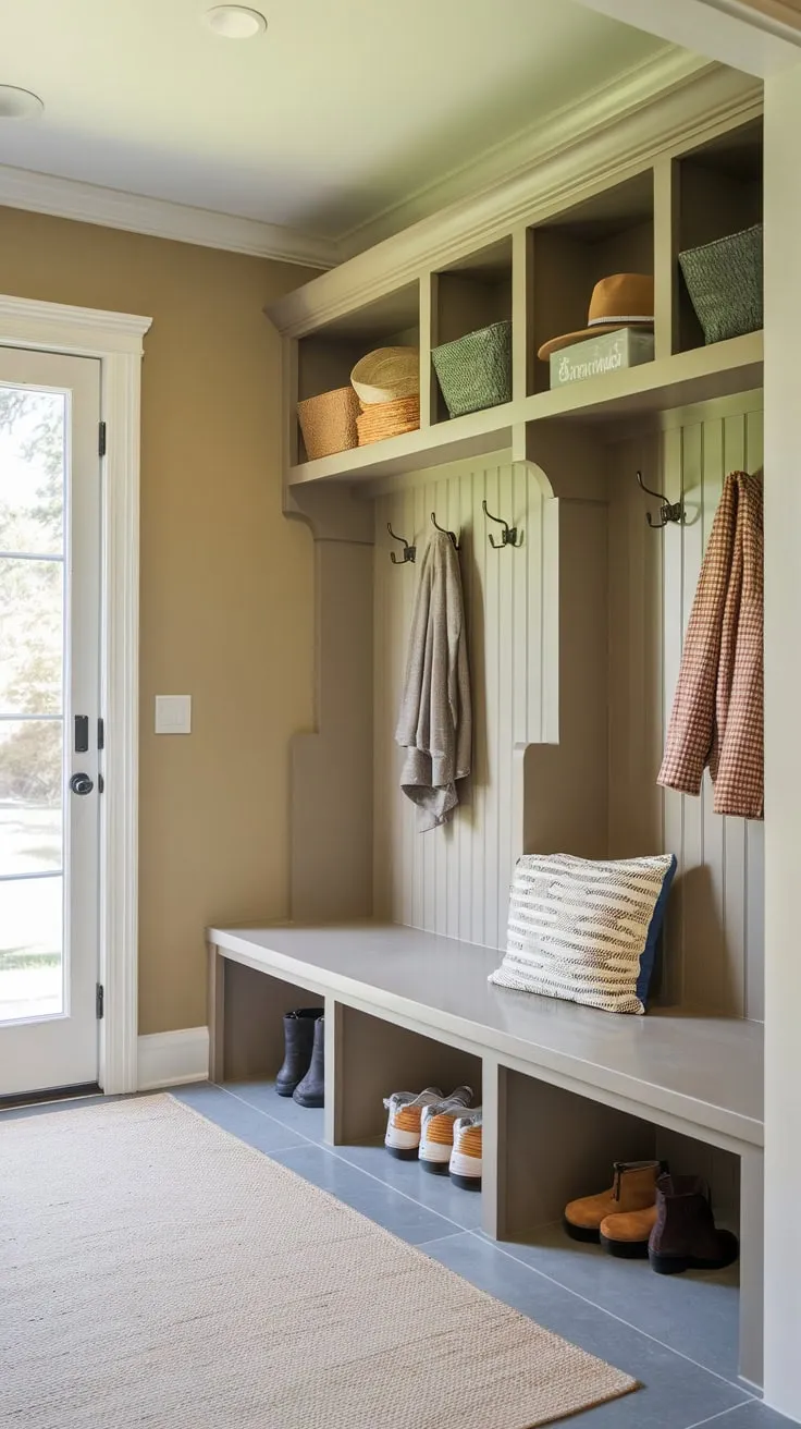 A cozy beige mudroom boasts built-in storage, a comfy bench, and practical coat hooks for streamlined entryway organization.