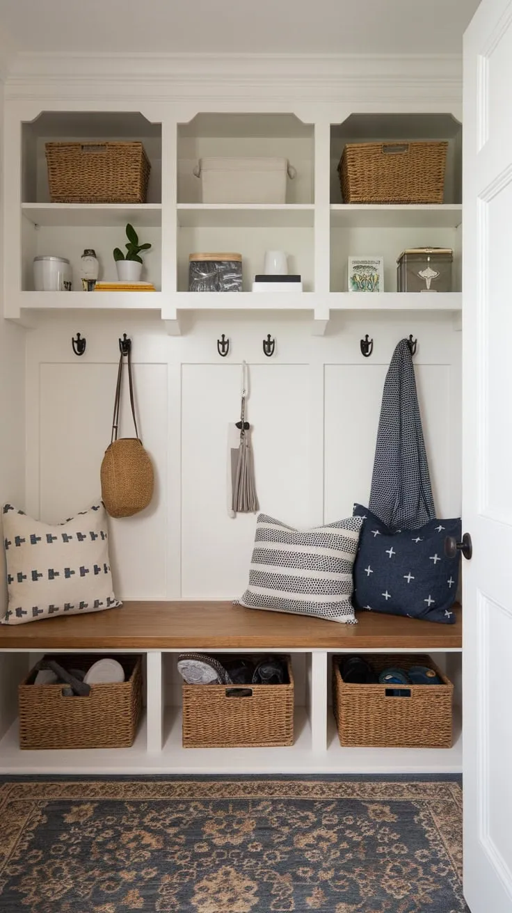 Maximize space and style with a small mudroom featuring a built-in bench, storage baskets, and convenient wall shelves.