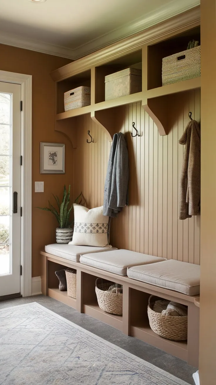 Organized chaos ends with a stylish mudroom featuring a built-in bench, ample storage, and inviting design elements.