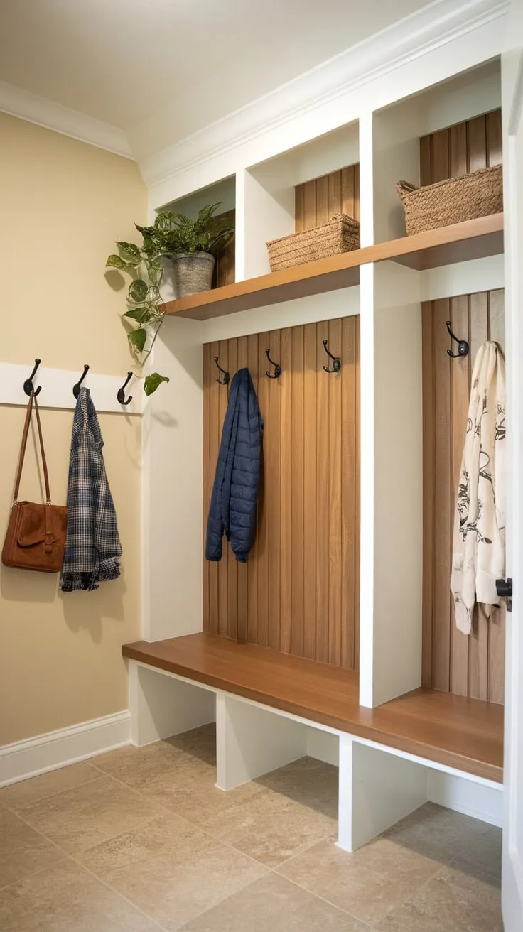 A charming small mudroom boasts built-in wooden shelves, a matching bench, and coat hooks, creating an organized and welcoming entryway