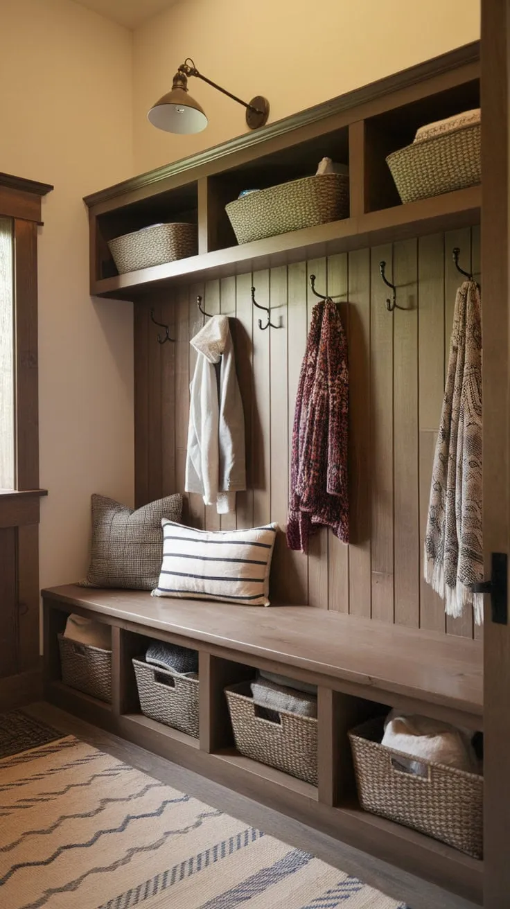 A cozy rustic mudroom boasts built-in storage, a bench with bins, and wood paneling creating the perfect drop zone.