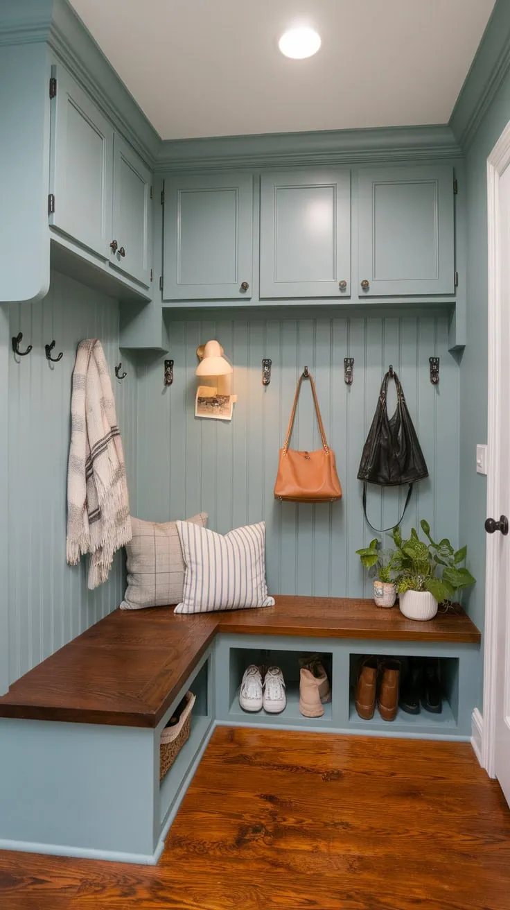 A cozy blue mudroom boasts built-in cabinets, a bench with storage, and thoughtful details creating a well-organized space