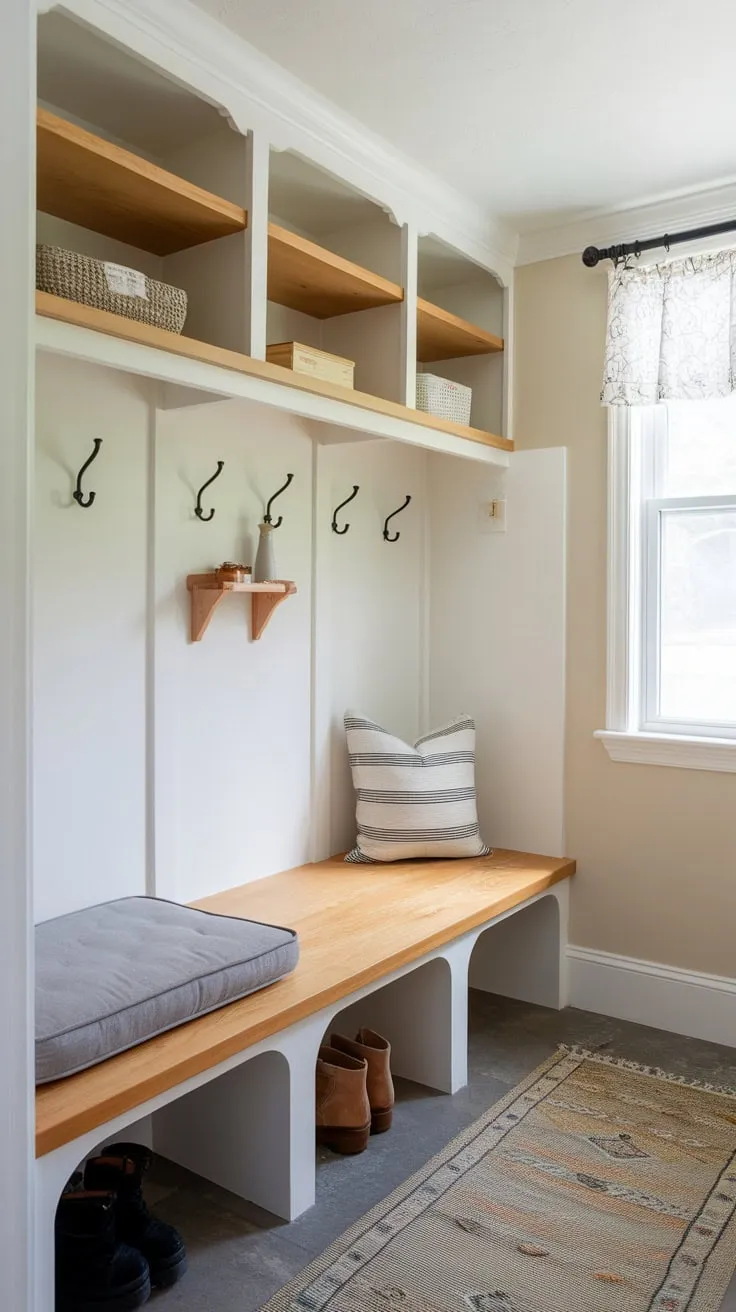 Maximize small-space functionality with a charming mudroom featuring a built-in bench, storage shelves, and convenient hanging space.