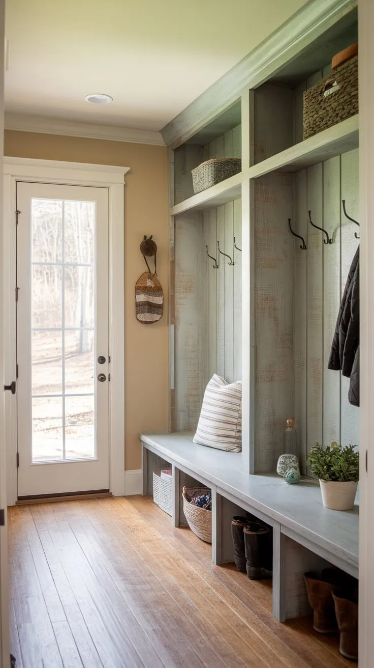 A cozy, functional mudroom boasts built-in shelves and a bench crafted from weathered wood, creating a rustic and inviting space.