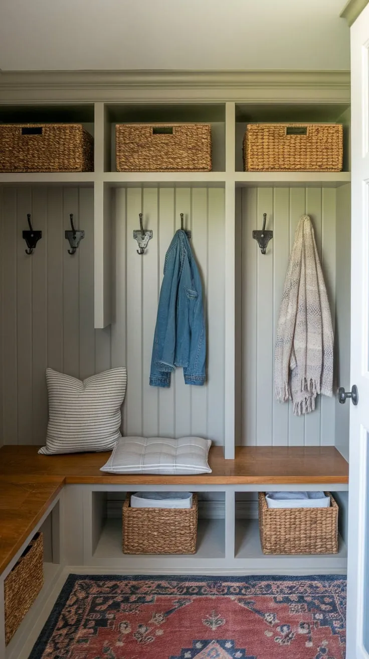 Rustic charm and practical storage combine in a small mudroom featuring a built-in bench and shelves.