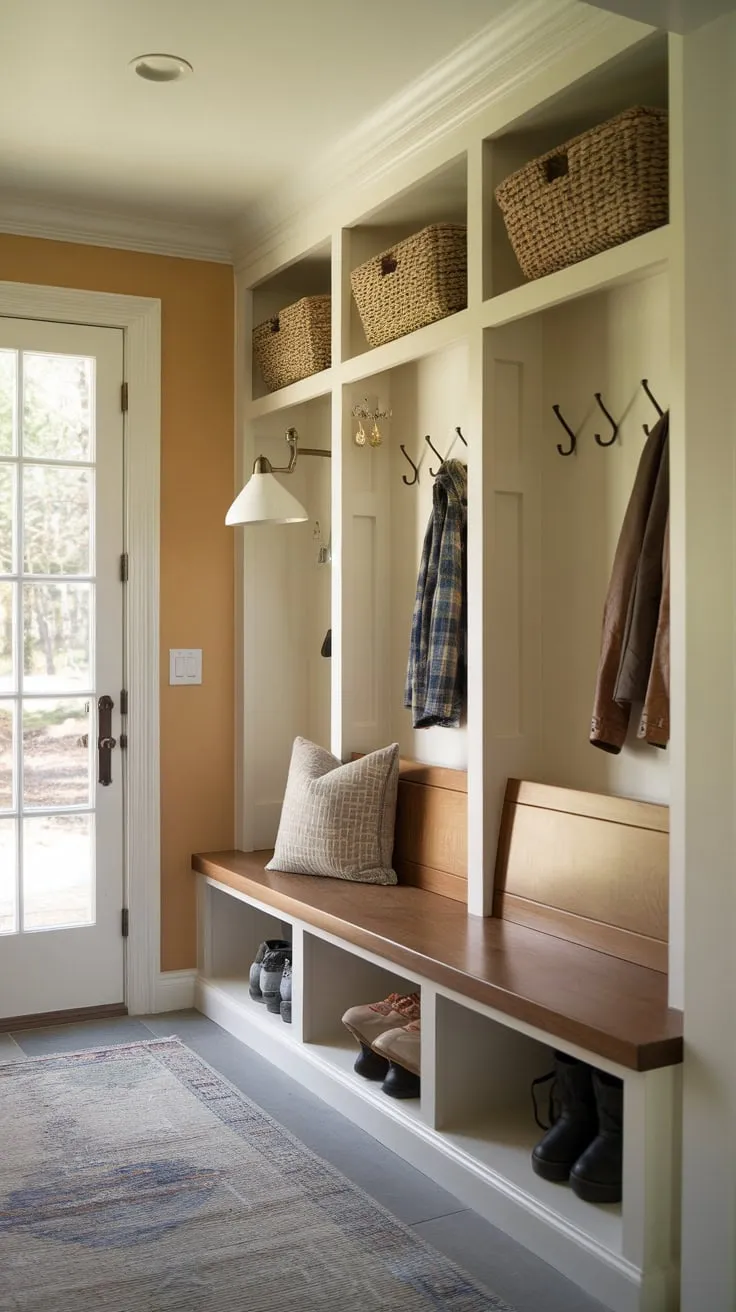 Warmth and functionality combine in a small mudroom featuring a built-in bench, shelves, and hooks, perfectly organized for busy family life.