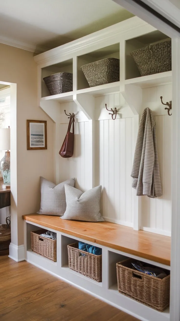 A cozy small mudroom boasts built-in storage, a cushioned bench, and warm wood accents creating an inviting space