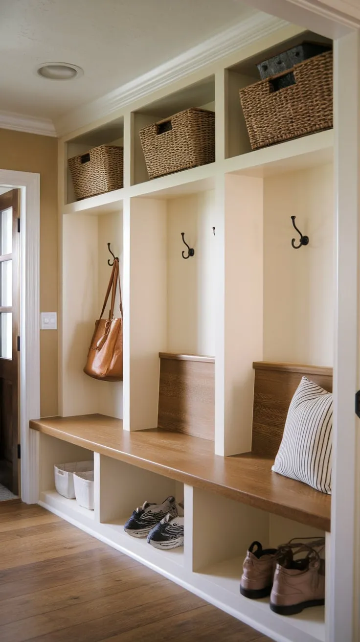 A cozy entryway mudroom boasts built-in shelves, a wood bench with backrest and hooks, creating a warm and functional space