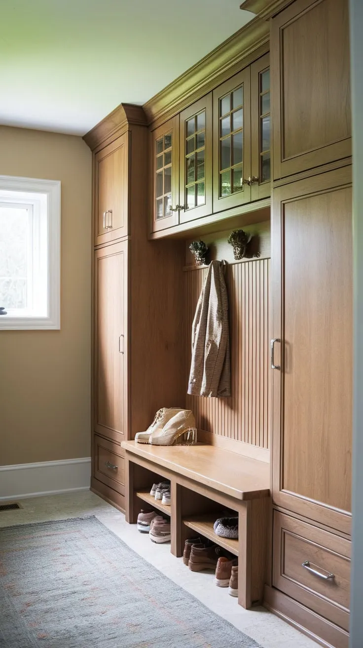 Brightly lit, a cozy wood-toned mudroom boasts built-in cabinets and a bench perfect for storing coats and shoes