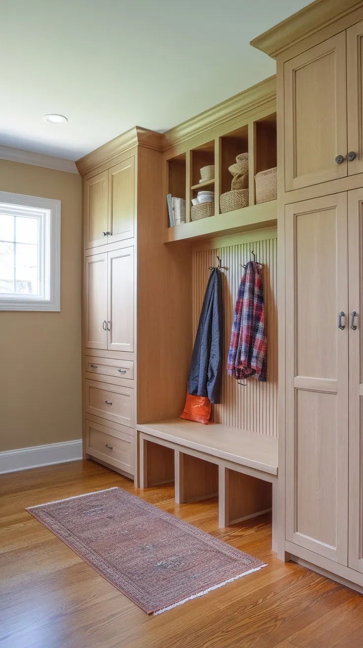 Organized chaos meets calm serenity in a bright mudroom featuring a built-in bench and cabinets for effortless family entry.
