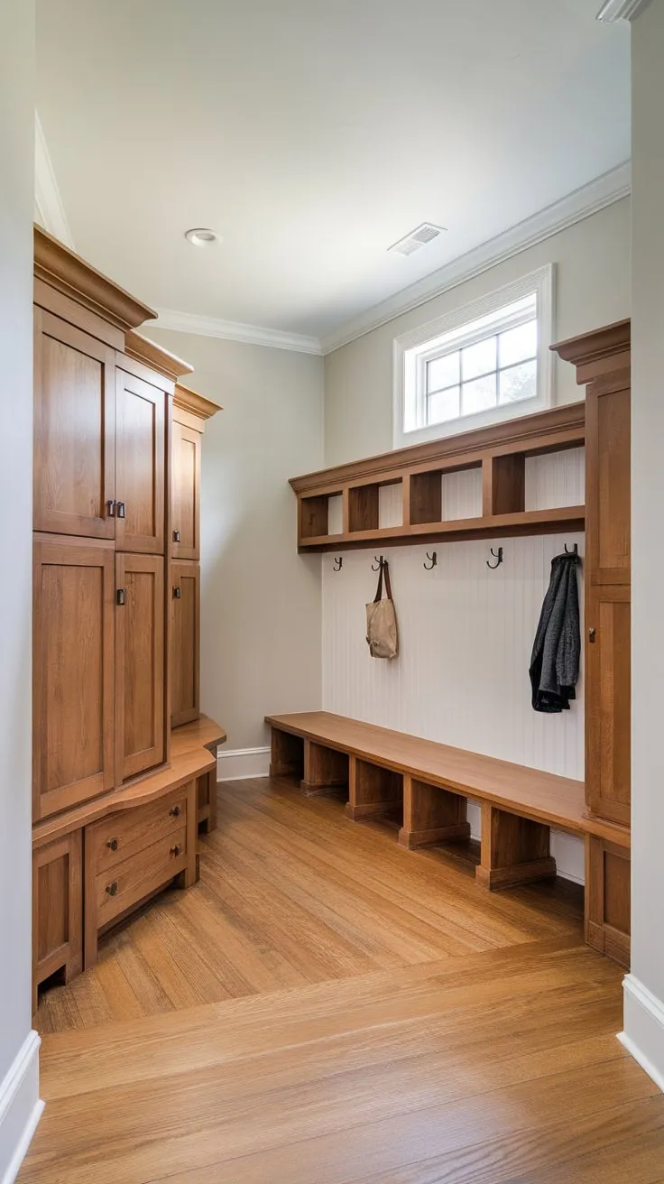 Warm wood tones and a light grey backdrop create a welcoming and functional entryway.