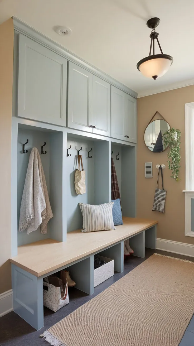 A cozy mudroom boasts light blue cabinets above a bench with under-storage, creating a functional and inviting space