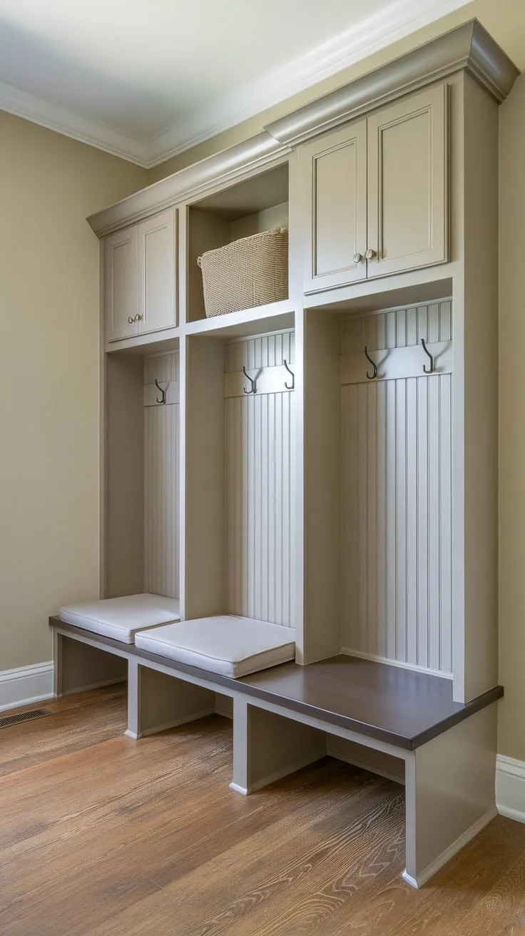 A beige-walled mudroom boasts practical wall cabinets above a comfy bench, complete with hooks and wood flooring for efficient organization.