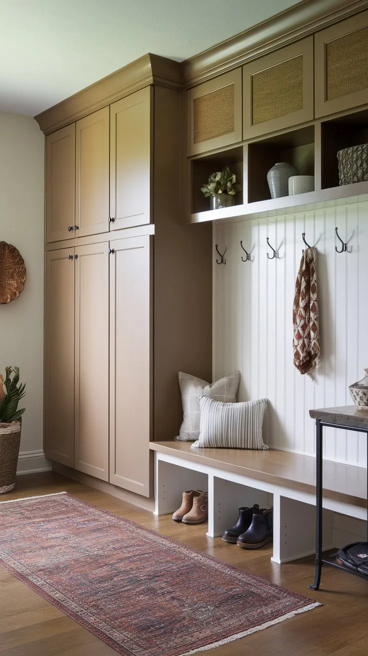 Organize and welcome guests with a cozy mudroom featuring built-in cabinets, a bench, and charming rustic details