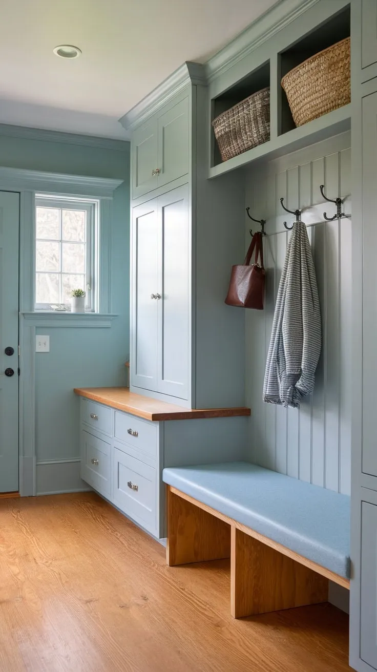 Organize and relax in a stylish mudroom featuring built-in wood cabinets, a cushioned bench, and convenient wall hooks.
