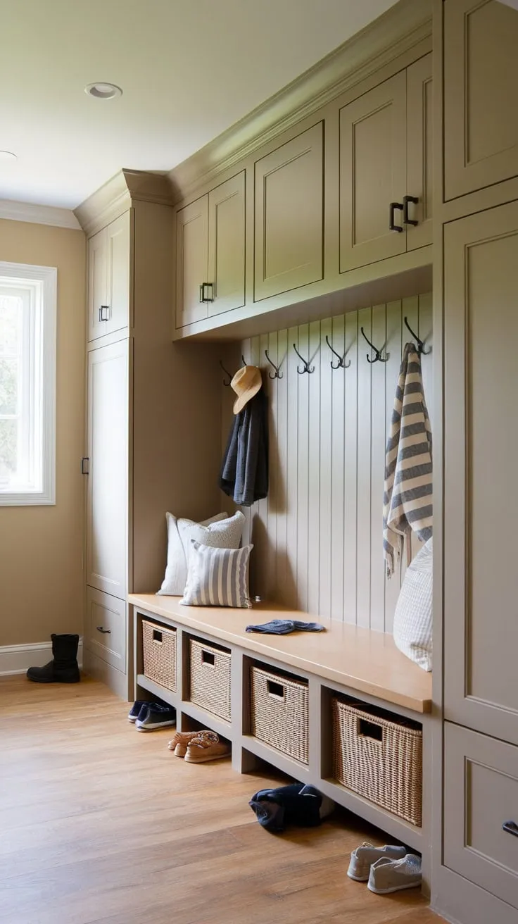 Organized chaos meets stylish functionality in a mudroom featuring flanking cabinets, a central bench with storage, and natural light.