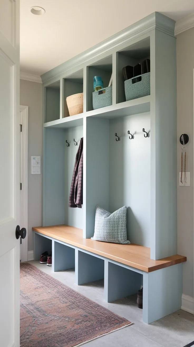 A bright mudroom boasts light blue cabinets, a wooden bench, and ample storage for a functional and stylish entryway
