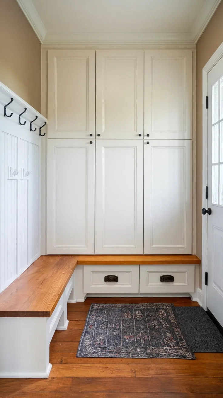White mudroom cabinets and a bench create a functional and stylish small entryway perfect for organization and a welcoming feel.