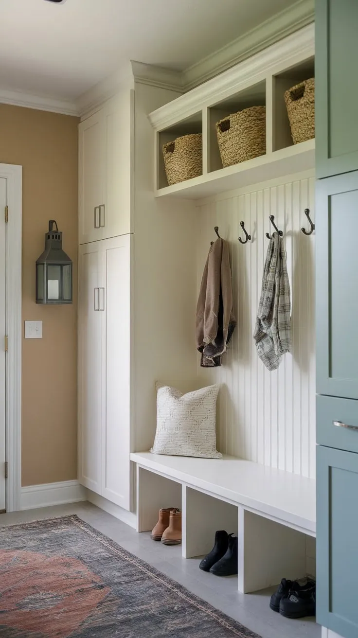 Organized chaos meets charming design in a well-lit mudroom featuring a bench, cabinets, and hooks.