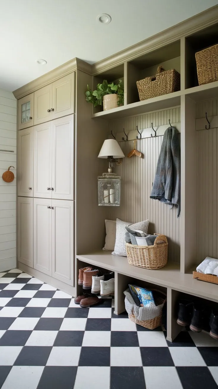 A stylish mudroom boasts organized beige cabinets, a convenient bench, and rustic details for a welcoming and functional entryway.