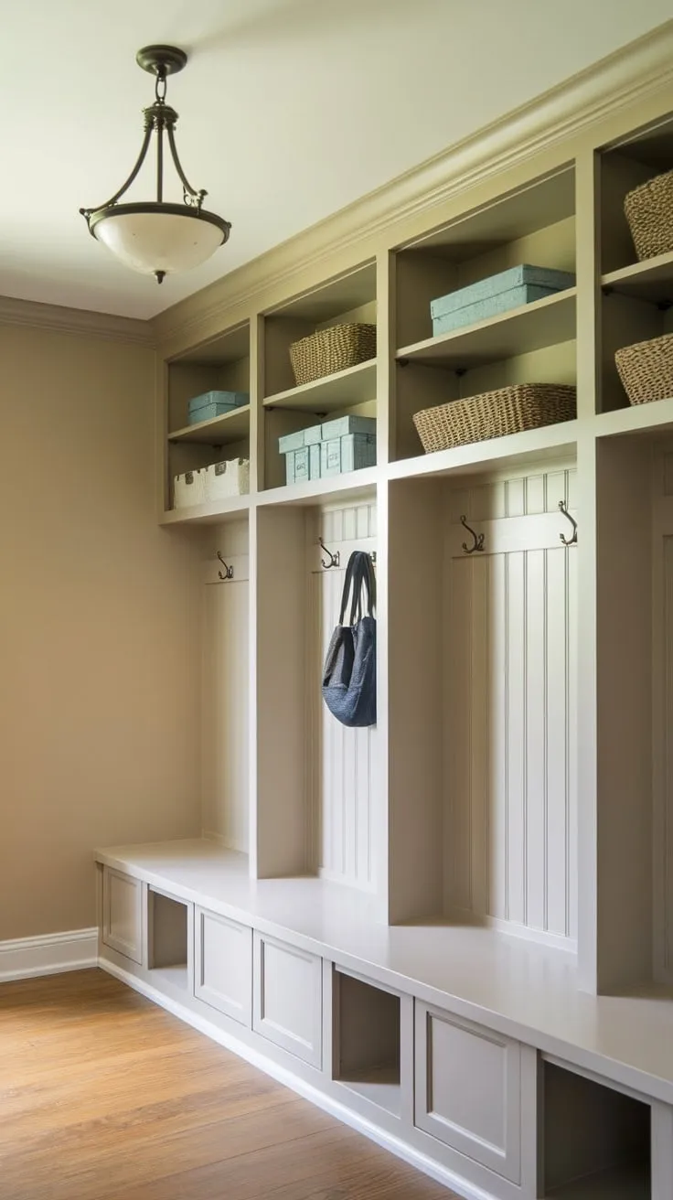 Organize your entryway with stylish mudroom cabinets and a built-in bench