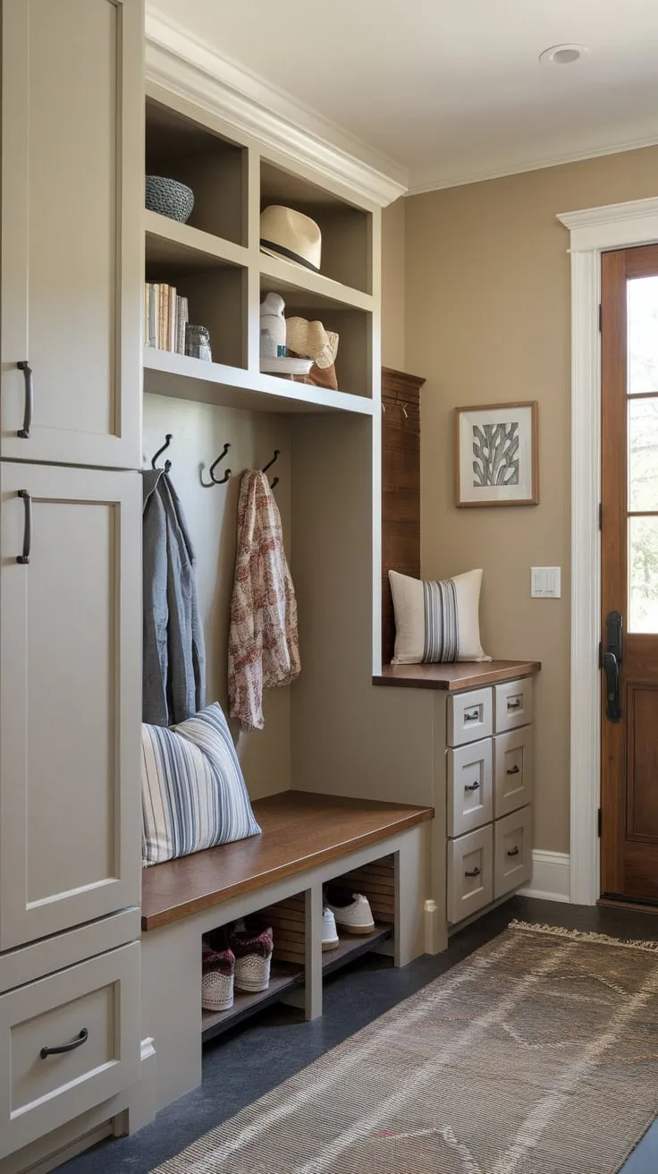 A cozy mudroom boasts a bench with practical cabinets, wall hooks, and shelves for stylish storage.