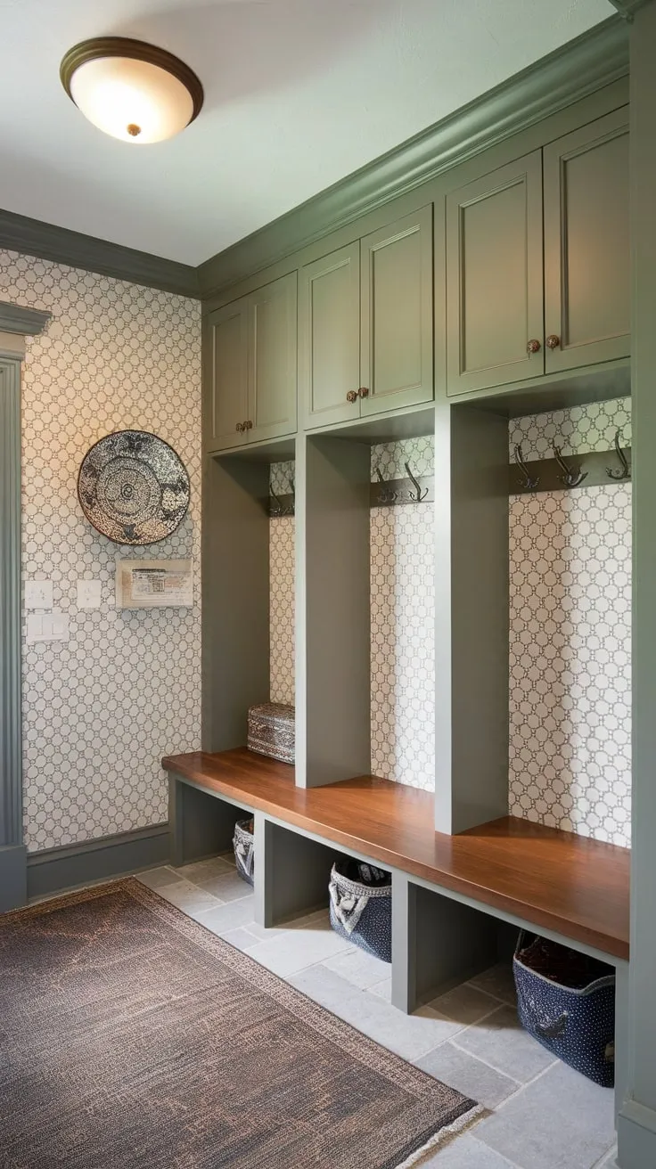 Organized style meets practicality in a charming mudroom featuring wooden cabinets, a built-in bench, and patterned wallpaper