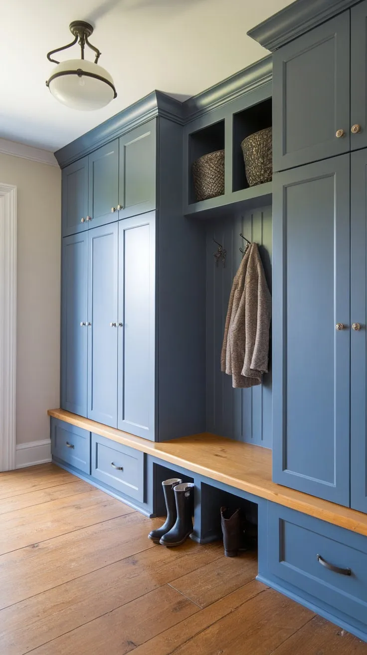 Organize entryway chaos with stylish blue mudroom cabinets, a comfy bench, and ample storage.