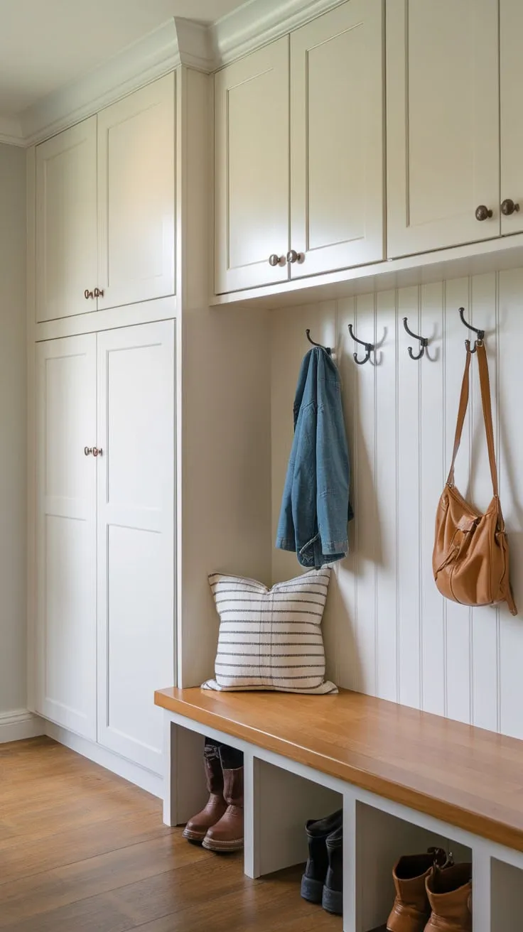 A cozy mudroom boasts white-painted cabinets, a cushioned wooden bench, and wall hooks for ultimate organization and comfort