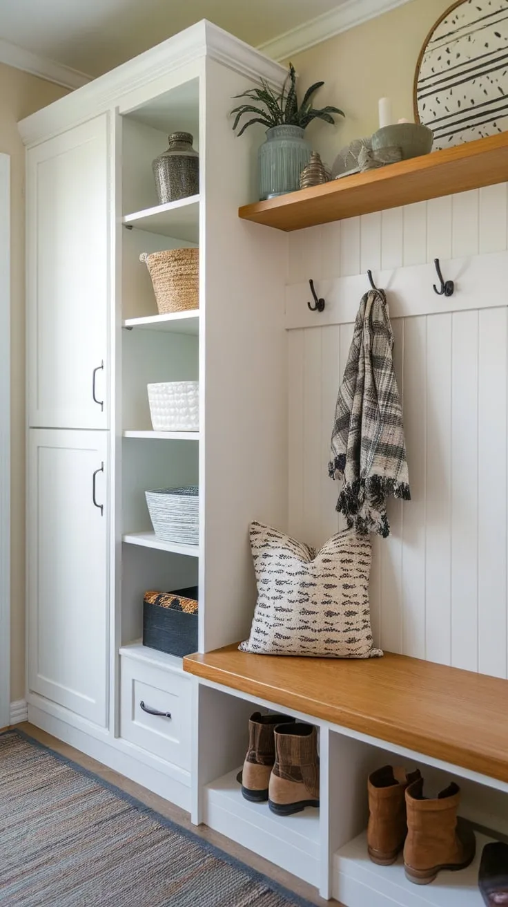 Organized chaos ends with a stylish mudroom featuring a bench and cabinet, creating a welcoming and efficient entryway.