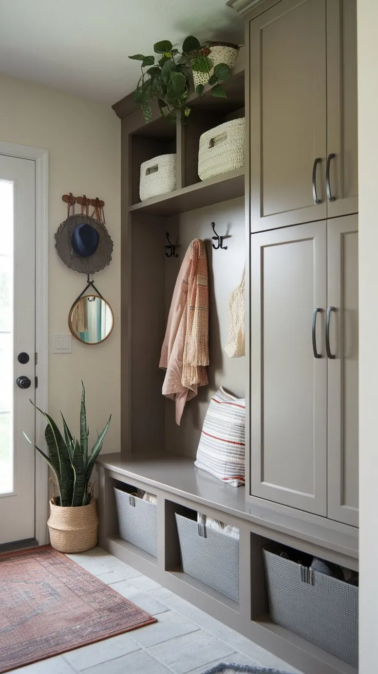 A stylish mudroom cabinet with bench provides convenient storage and enhances a small entryway's functionality.