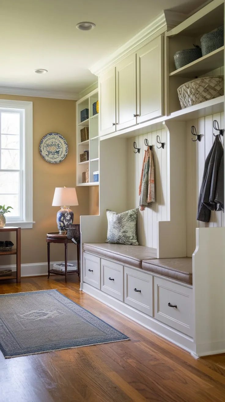 White cabinets and a comfy bench create a functional and inviting mudroom entryway complete with ample storage and charming details.