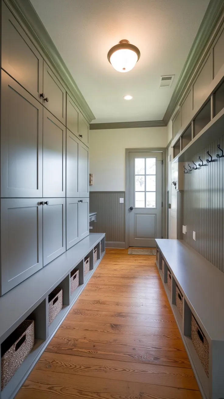 Organize your entryway chaos with a stylish mudroom featuring built-in cabinets, a bench with storage, and a coat rack
