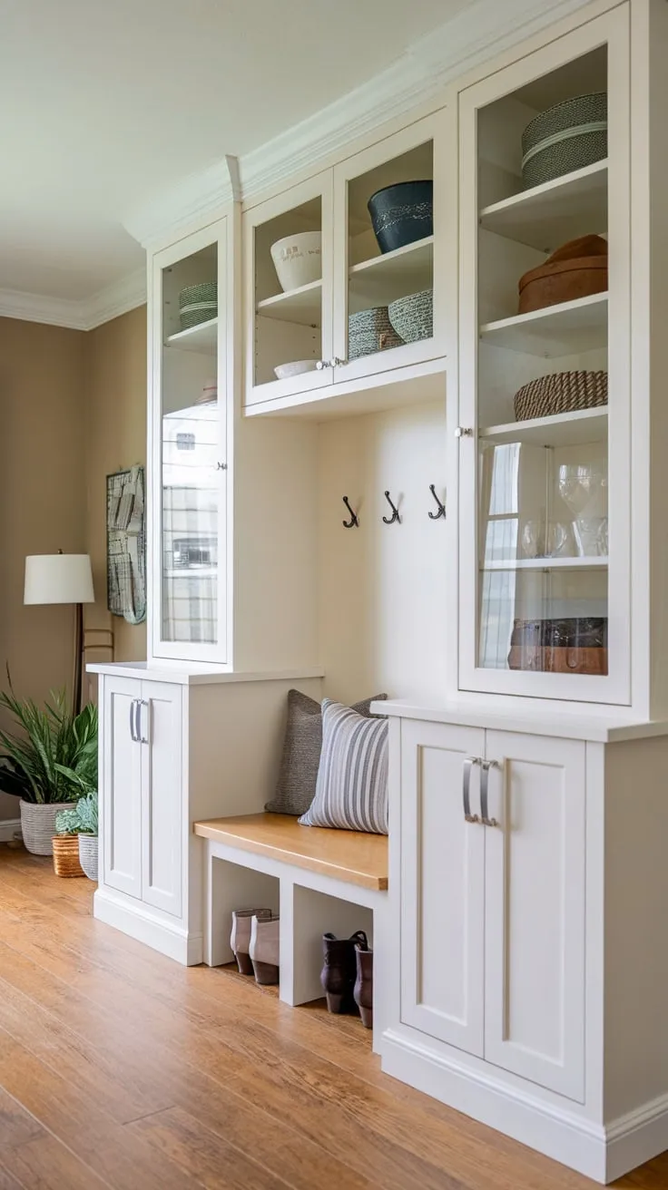 A charming beige-walled mudroom features practical white cabinets, a comfy bench, and ample storage for coats and shoes.