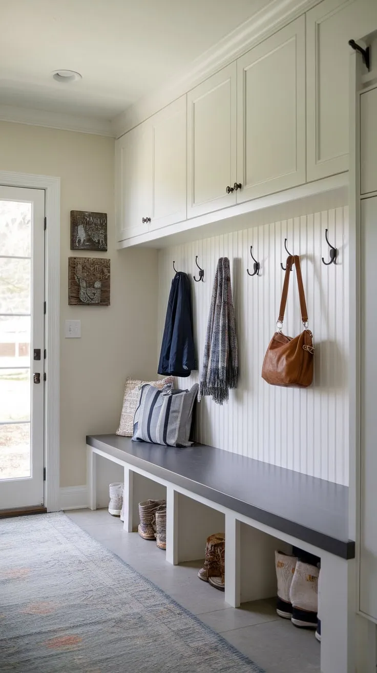 Organize chaos with stylish mudroom cabinets and a bench featuring ample storage and convenient coat hooks.