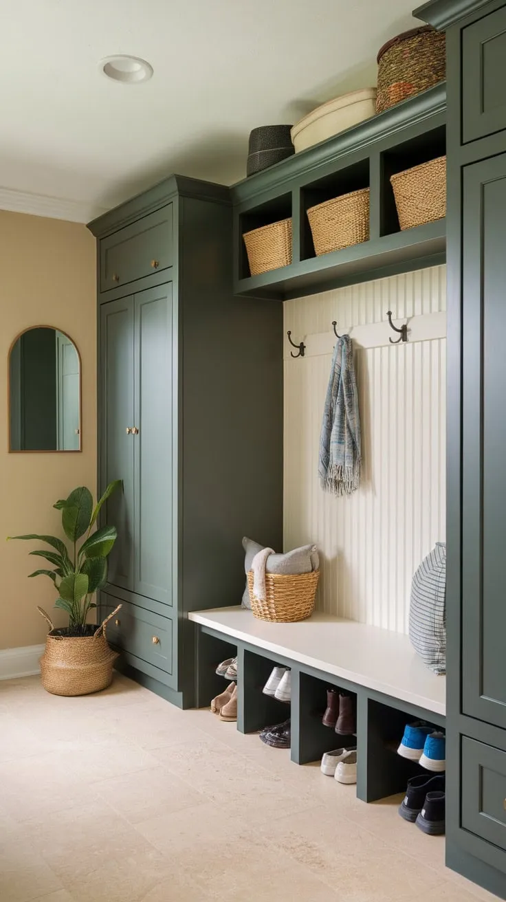 A stylish mudroom boasts dark green cabinets, a white bench, and thoughtful organization for a functional and inviting entryway