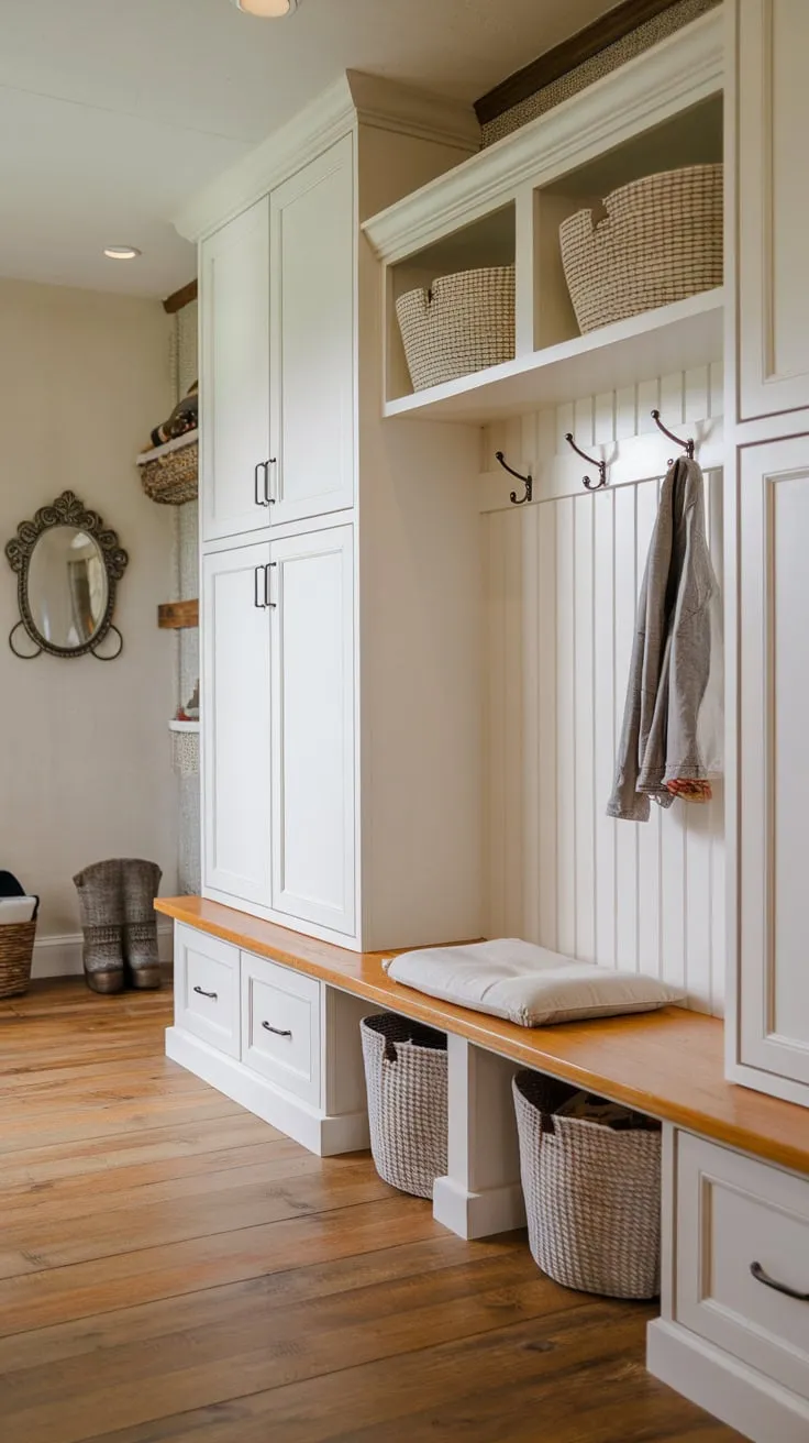 Rustic charm meets practical function in a mudroom featuring white cabinets, a cushioned bench, and ample storage for coats and gear