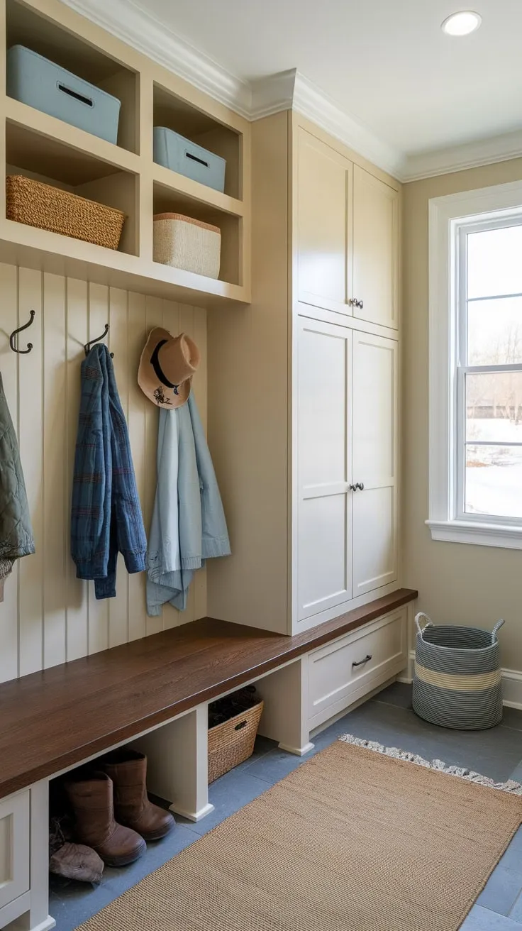 Organize entryway chaos with stylish mudroom cabinets, a bench, and wall hooks for coats and hats