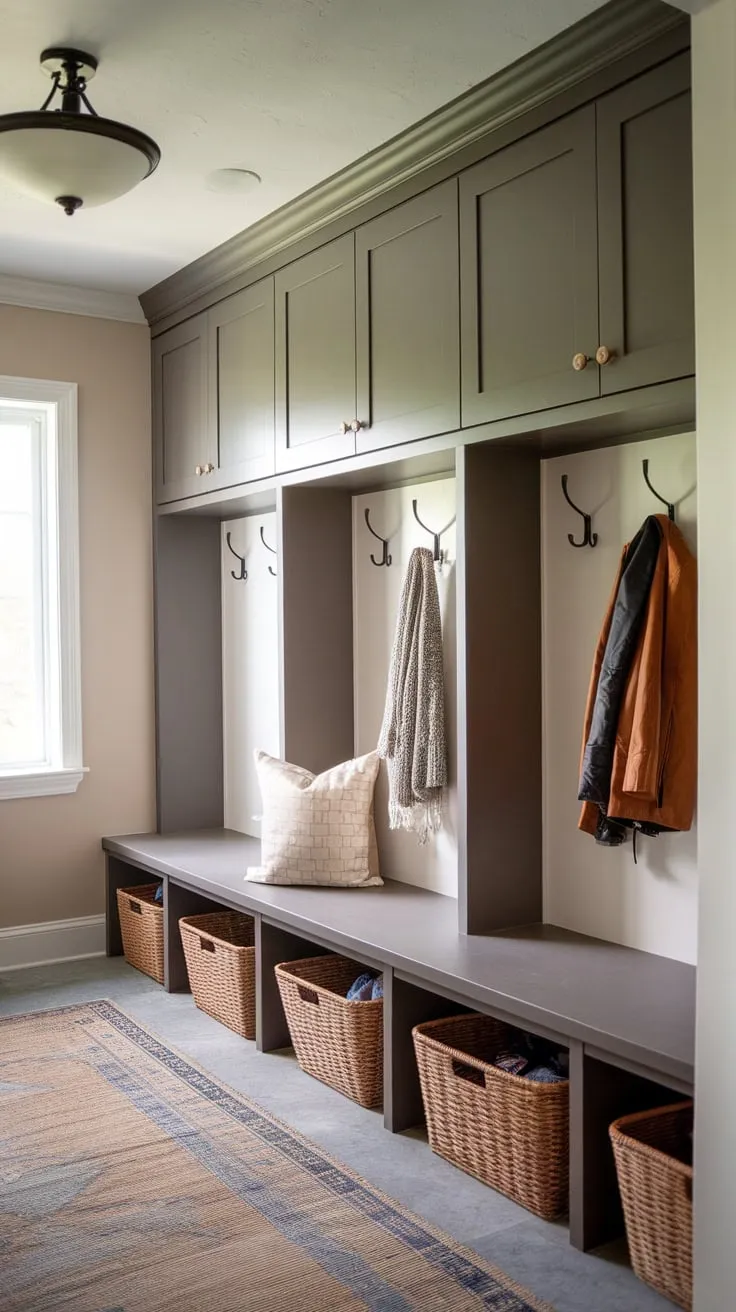 Organized mudroom bliss features a bench with overhead cabinets, wall hooks, under-bench baskets, and a cozy rug