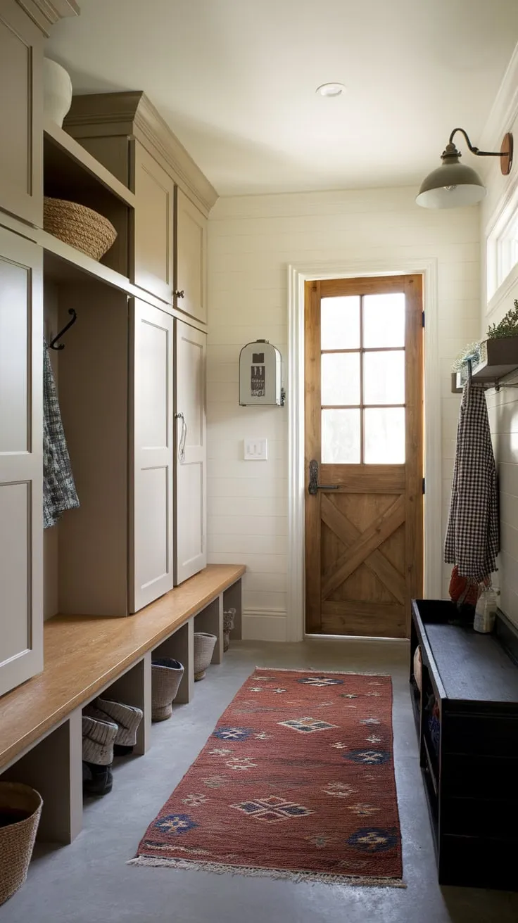 Rustic charm meets practical function in a mudroom featuring beige cabinets, a wooden bench, and ample storage.