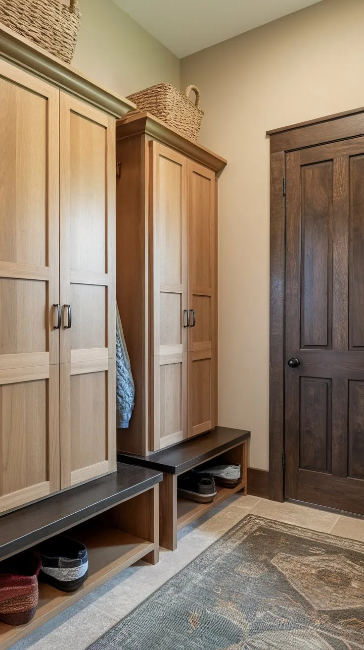 Organized mudroom boasts light wood cabinets with doors and a contrasting dark wood closet, creating a functional and stylish entryway
