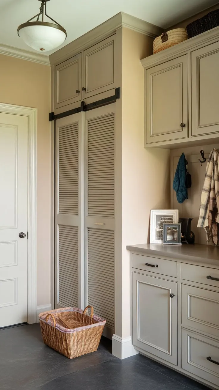 Organized mudroom featuring stylish cabinets with doors and ample storage for a clutter-free entryway