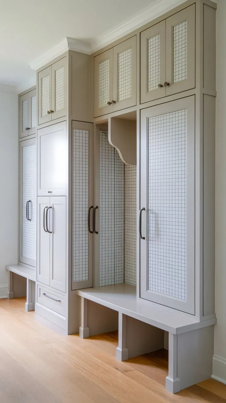 Stylish mudroom cabinets with diverse door patterns and sizes, including a spacious closet, create a bright and organized entryway.