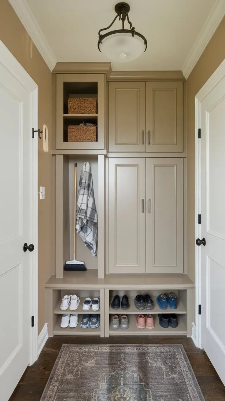 Neatly organized mudroom cabinets with doors maximize space and keep shoes and cleaning supplies readily accessible